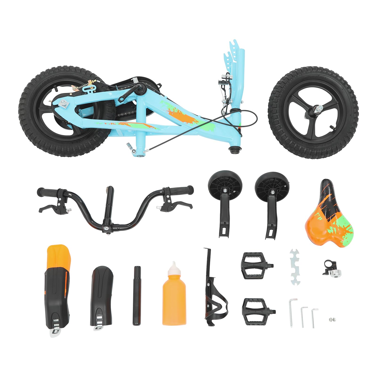 Bicicleta infantil de 12 pulgadas, bicicleta infantil colorida con ruedas estabilizadoras y botella de agua, altura ajustable para niños y niñas