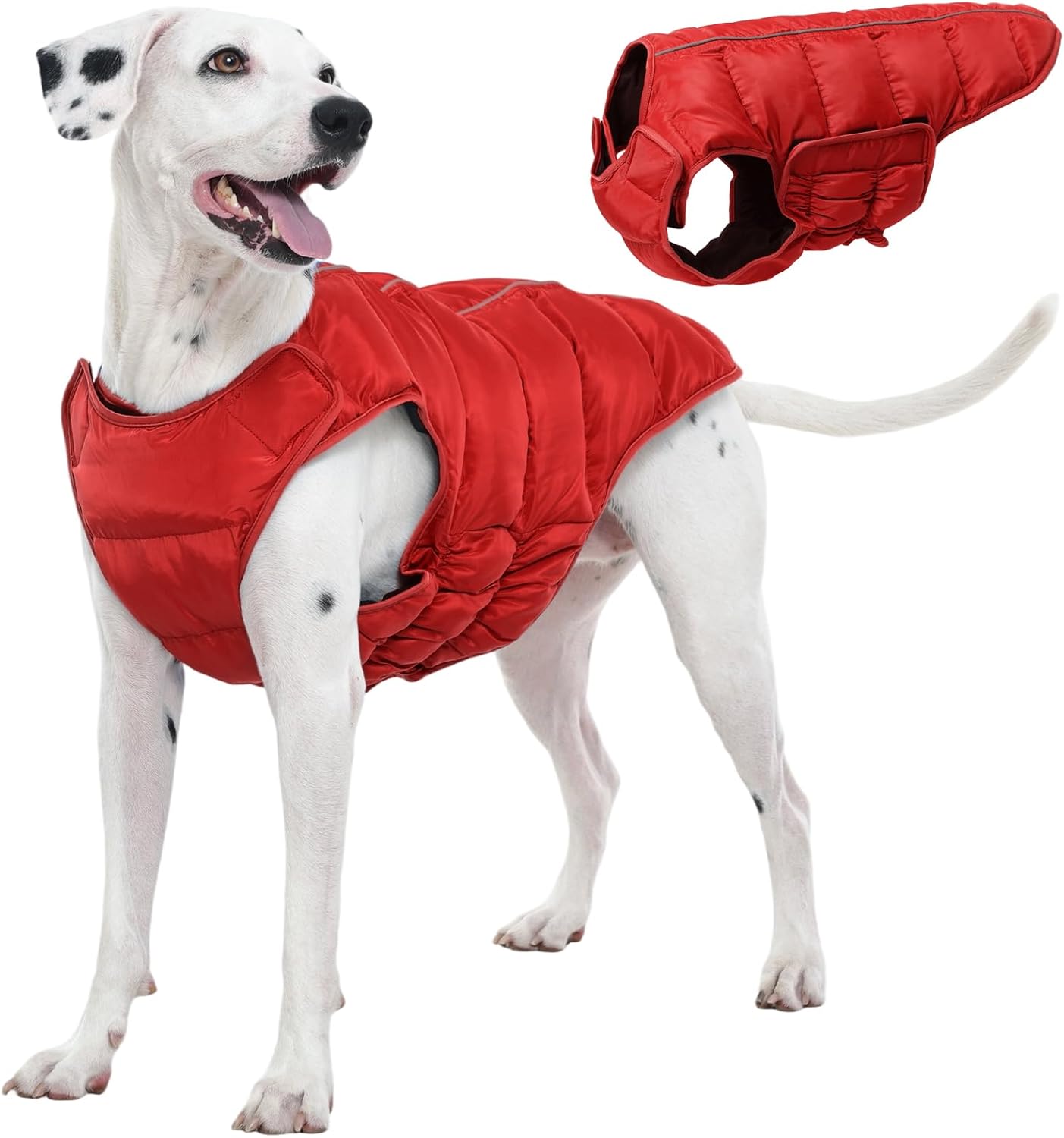 Kuoser Dog Puffer Jacket Warm Dog Coat for Large Dogs, Windproof Reflective Pet Padded Vest Cold Weather Clothes Puppy Snowsuit with Hook & Loop Coats, Easy On/Off, Red XL