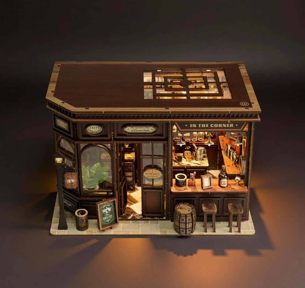 Corner Tavern Book Nook Kit for Adults - DIY Miniature Tavern Booknook, Bookshelf Insert with Touch LED Light, 3D Wooden Puzzle Model Kit, Cozy Gift for Book Lovers (327 Pieces)