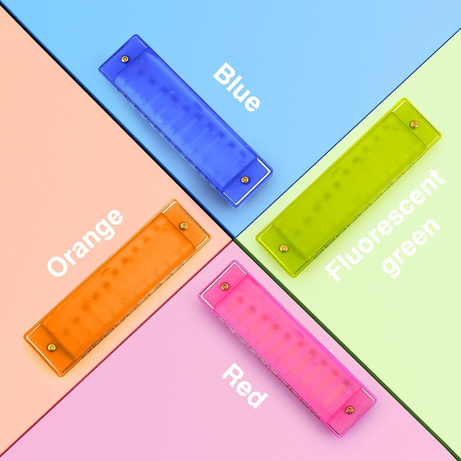 Kids Harmonica 10 Hole Plastic Harmonica for Kids, 4 Pack with 4 Colors Educational Toys Beginners Toy Musical Instruments for Kids, Children and Adults (Blue, Pink, Green, Orange)