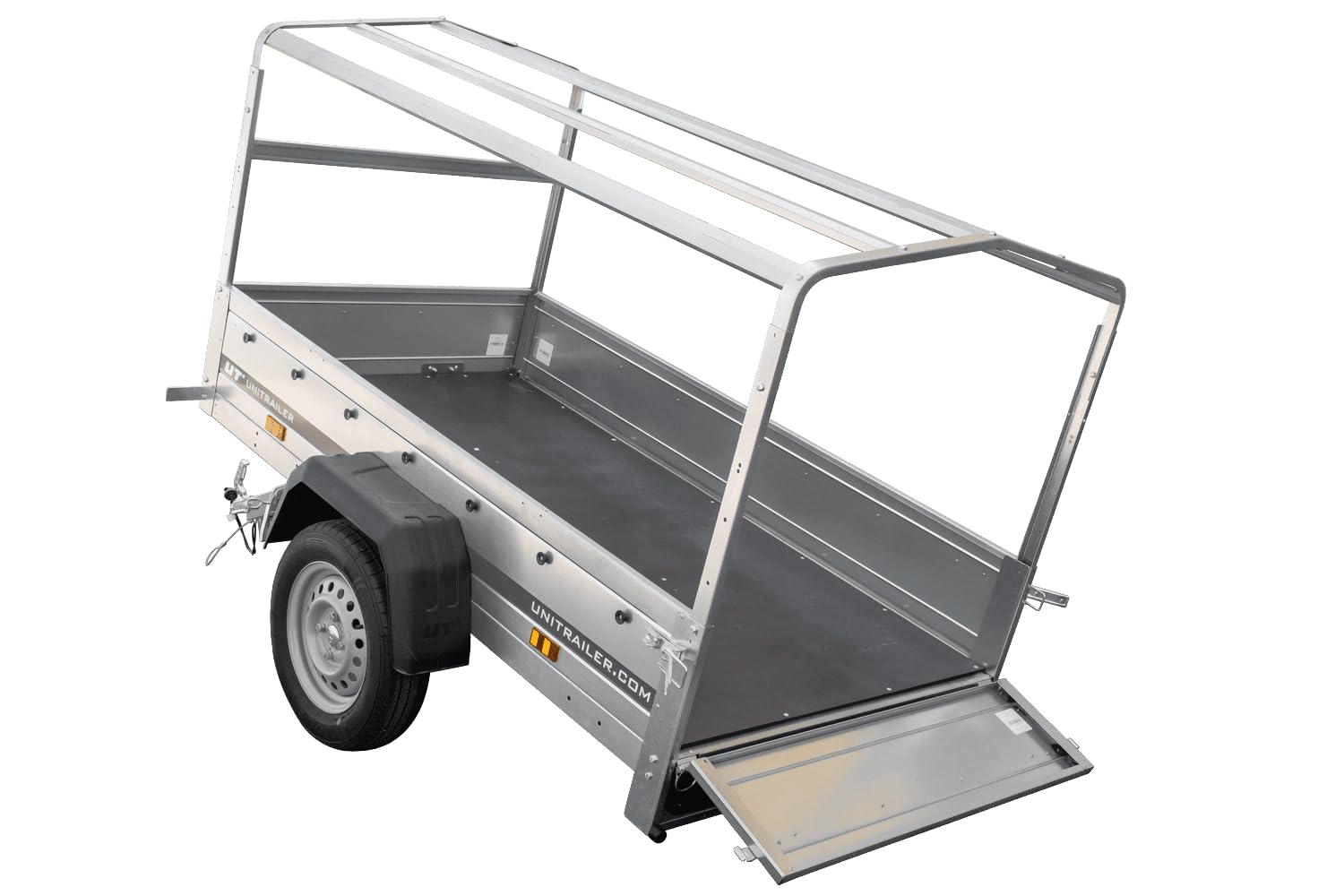 UNITRAILER PKW Anhänger Garden Trailer 200 Kipp, 200x106 cm, Auto Anhänger mit kippbare Deichsel, Hochplane und Stützrad, Anhänger Aufbau aus verzinktem Stahl – Auto Anhänger 750 kg