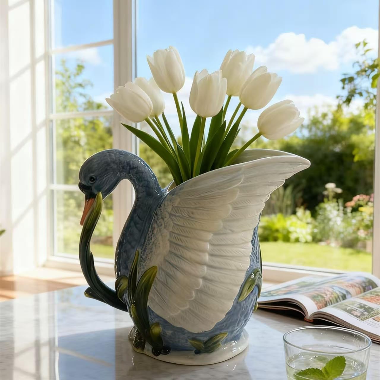 Ceramic Water Pitcher Flower Vase, Hand-Painted Swan Design Home Decor Bouquet Holde (Blue)