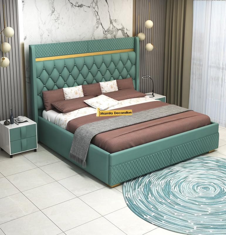 Image of MAMTA DECORATION Solid Wood King Size Bed with Box Storage | Premium Velvet Upholstered Tufted Headboard Palang Cot Bed | Modern Wooden Double Bed for Bedroom, Home, Hotel & Guest Room | Greendust