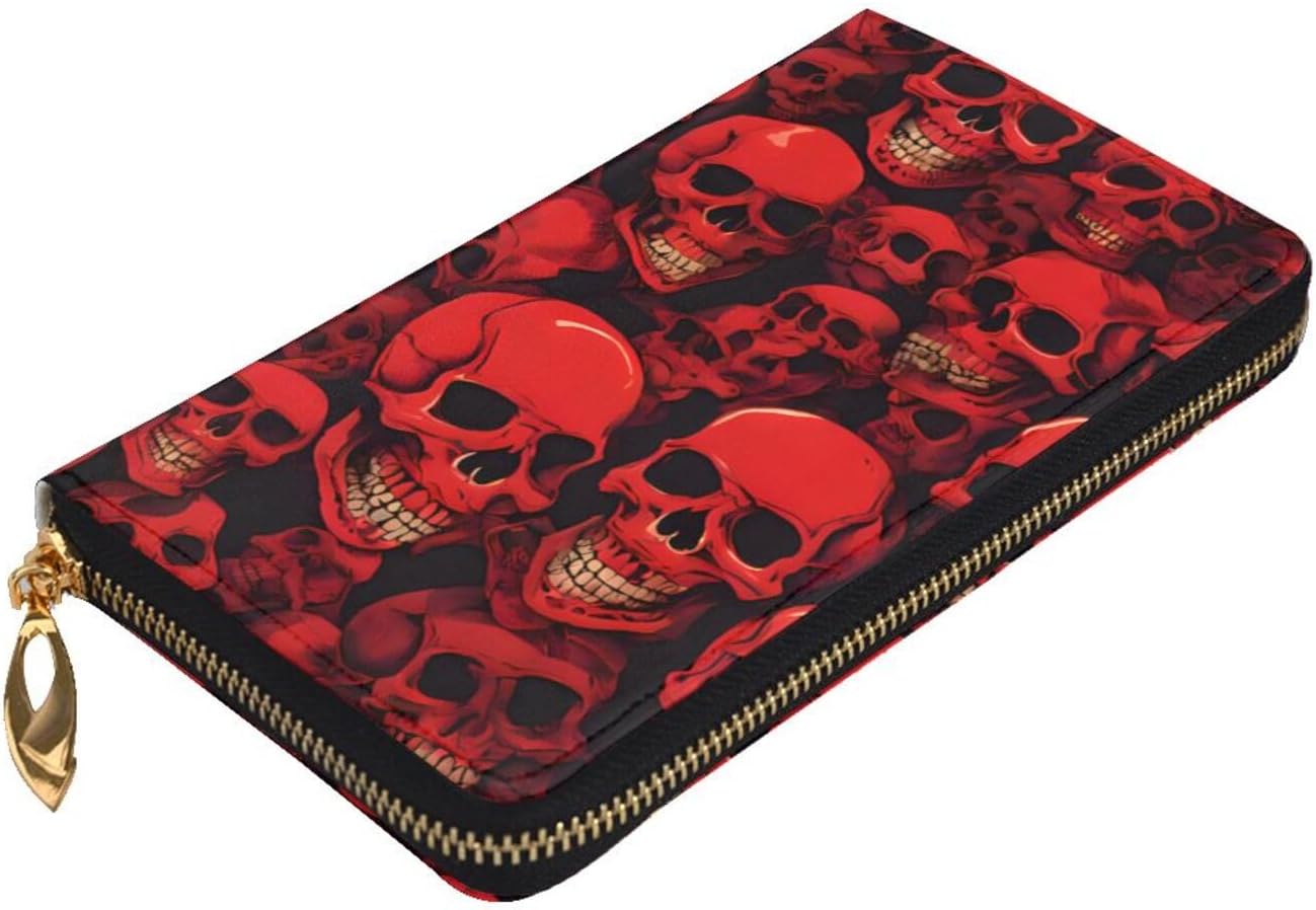 Stylish Red Skulls Long Leather Wallet Purse With Zipper â€“ Coin Purse Clutch Bag, Credit Card Phone Wallet For Women And Men, Casual Travel Large Capacity
