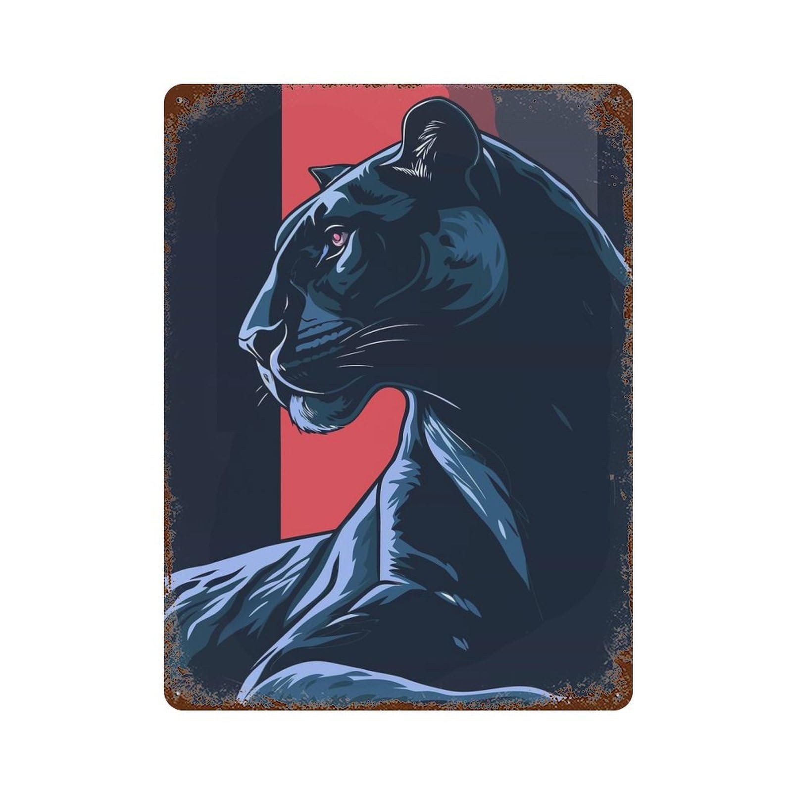 Stylized Black Panther Illustration Rust Effect Tin Sign 15.7"x11.8", Industrial Home Decor for Garage, Bar And Workshop Decor
