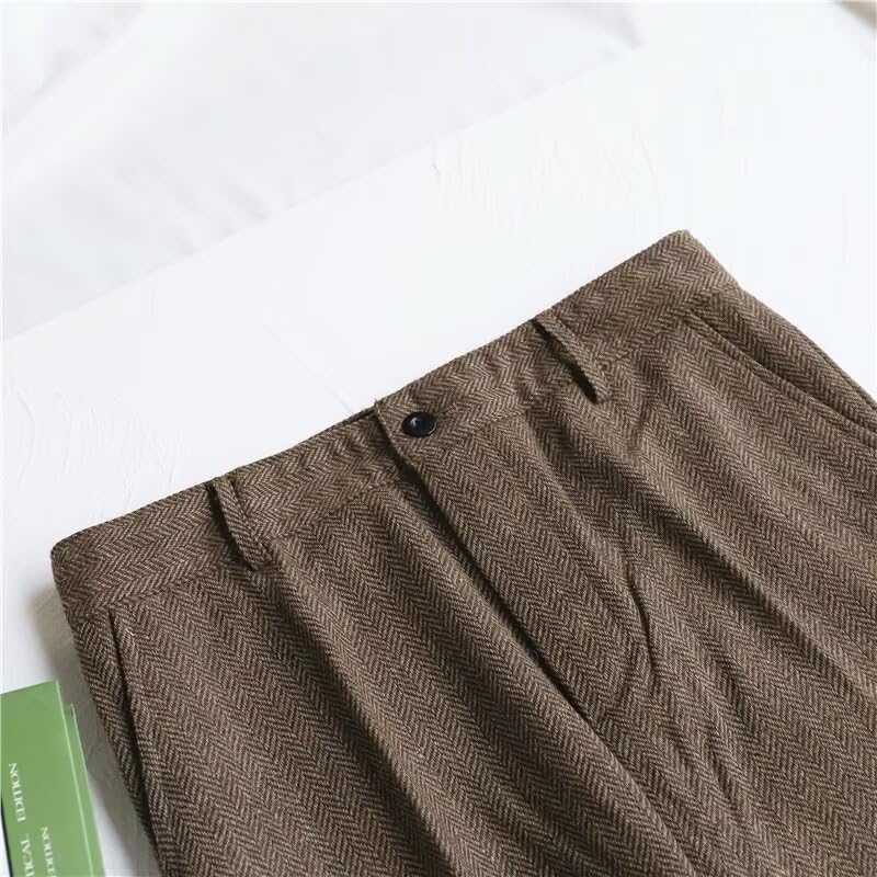 Men's Herringbone Pants Vintage Slim Fit Casual Wool Tweed Flat Front Pants2