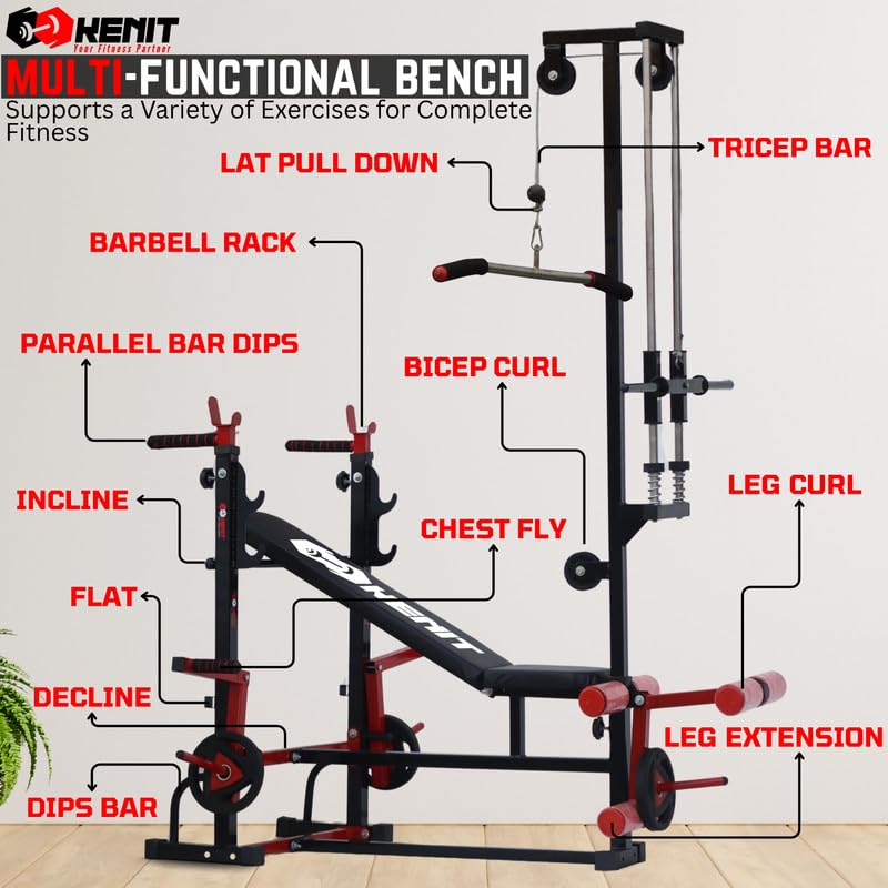 Image of 20-in-1 Adjustable Gym Bench Press Station for Home with J-Hook, Lat Pulldown, Leg Extension & Curl, Dip Bar and Training Gloves - Full Body Home Gym Equipment