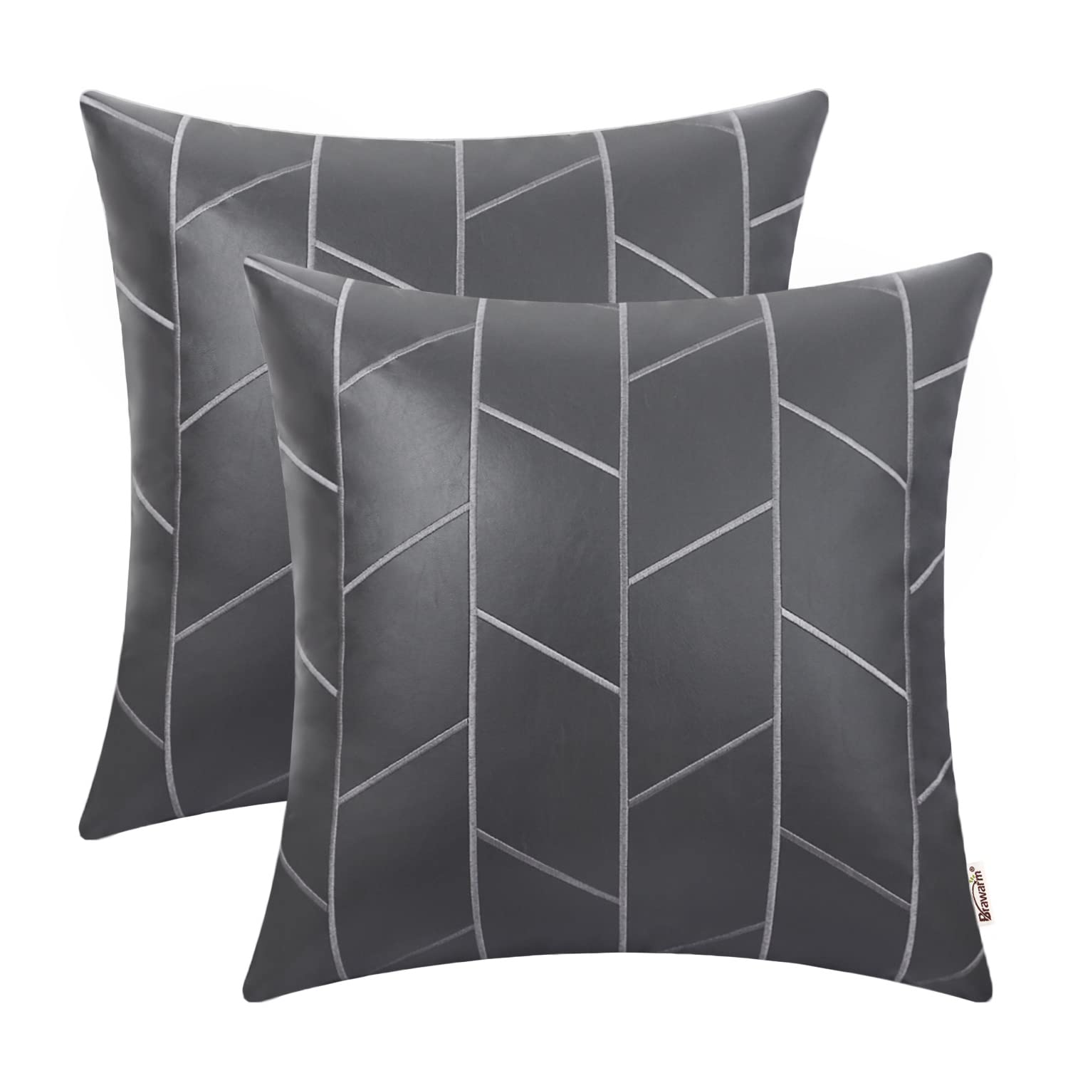 BRAWARM Faux Leather Pillow Covers 20 X 20 Inches, Gray Leather Pillow Covers Pack of 2, Geometric Embroidery Leather Decorative Throw Pillows for Living Room Couch Bed Sofa Home
