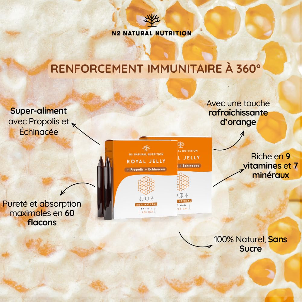 Gelee Royale Propolis Echinacea 200mg Vitamine C 60 Ampoules Anti Fatigue Royal Honey Renforcement Organisme Arôme Orange N2 Natural Nutrition