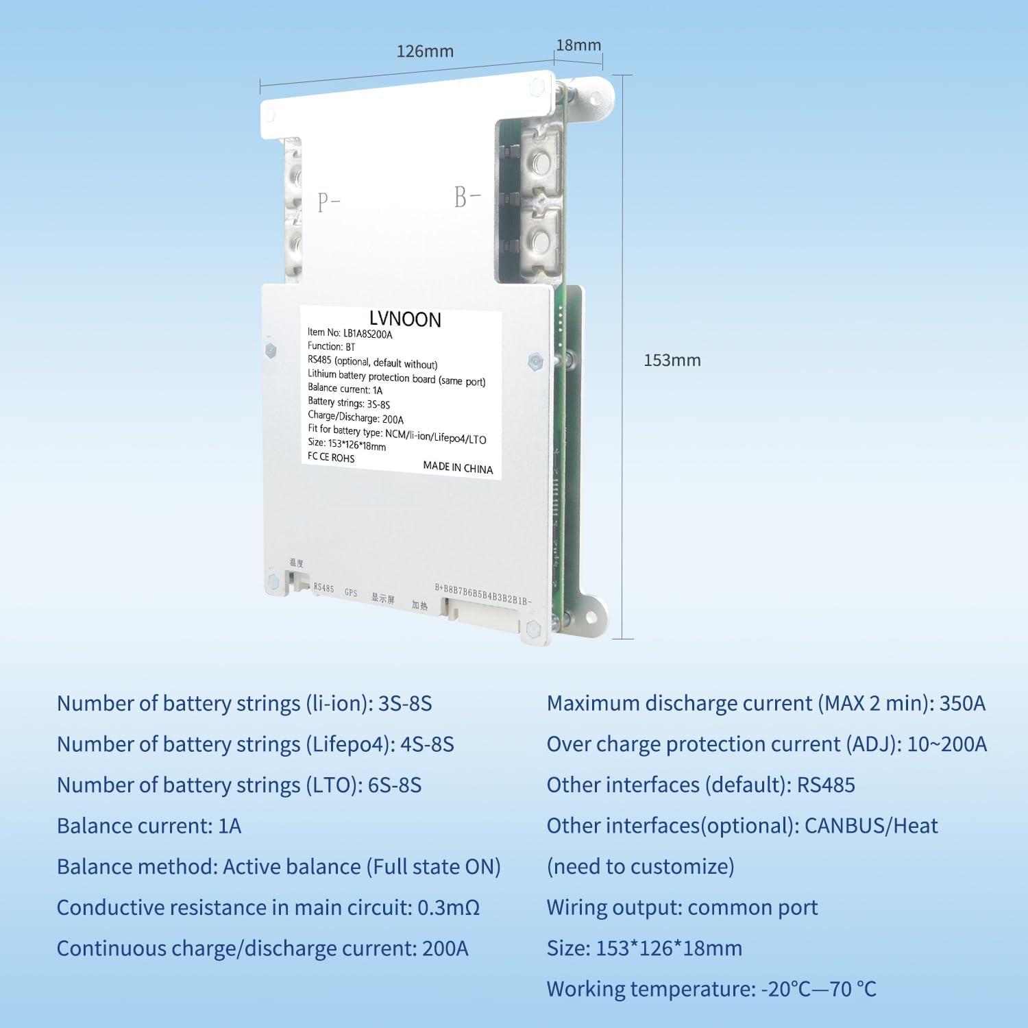 1A Smart BMSJK Active Balance for Li-ion NCM LFP LiFePo4 LTO Battery Management System 3S 4S 5S 6S 7S 8S 200A with APP Control 12V 24V (3-8S, 200A) image 3