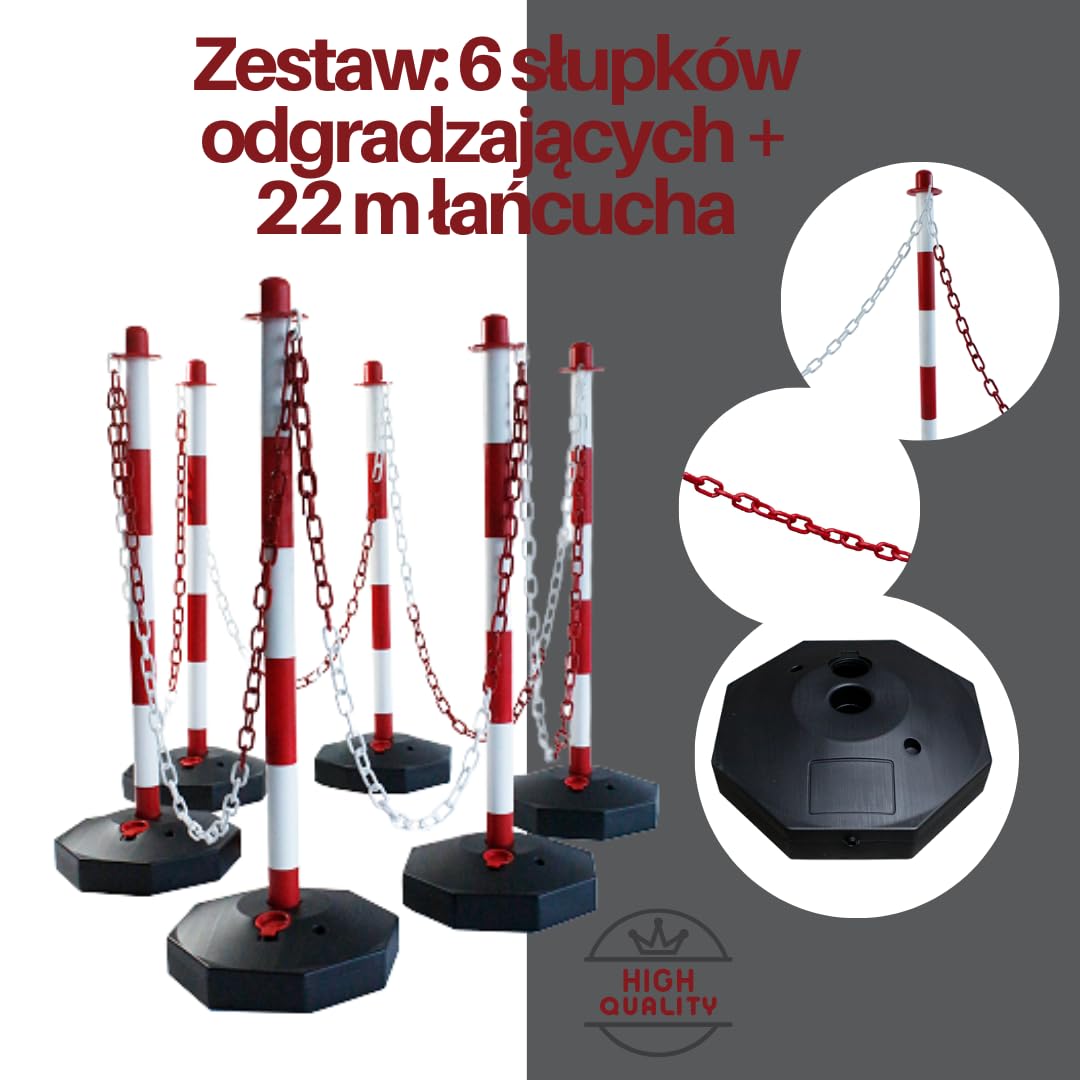 Słupki odgradzające czerwono-białe – zestaw 6 słupków z łańcuchem 22 m – plastikowe słupki łańcuchowe do użytku wewnętrznego i zewnętrznego