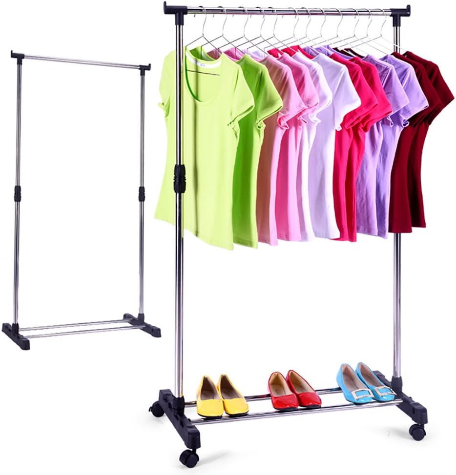 KARMAS PRODUCTS Portable Single Rod Clothes Rack Adjustable Garment Rack -with Wheels Storage Shelves