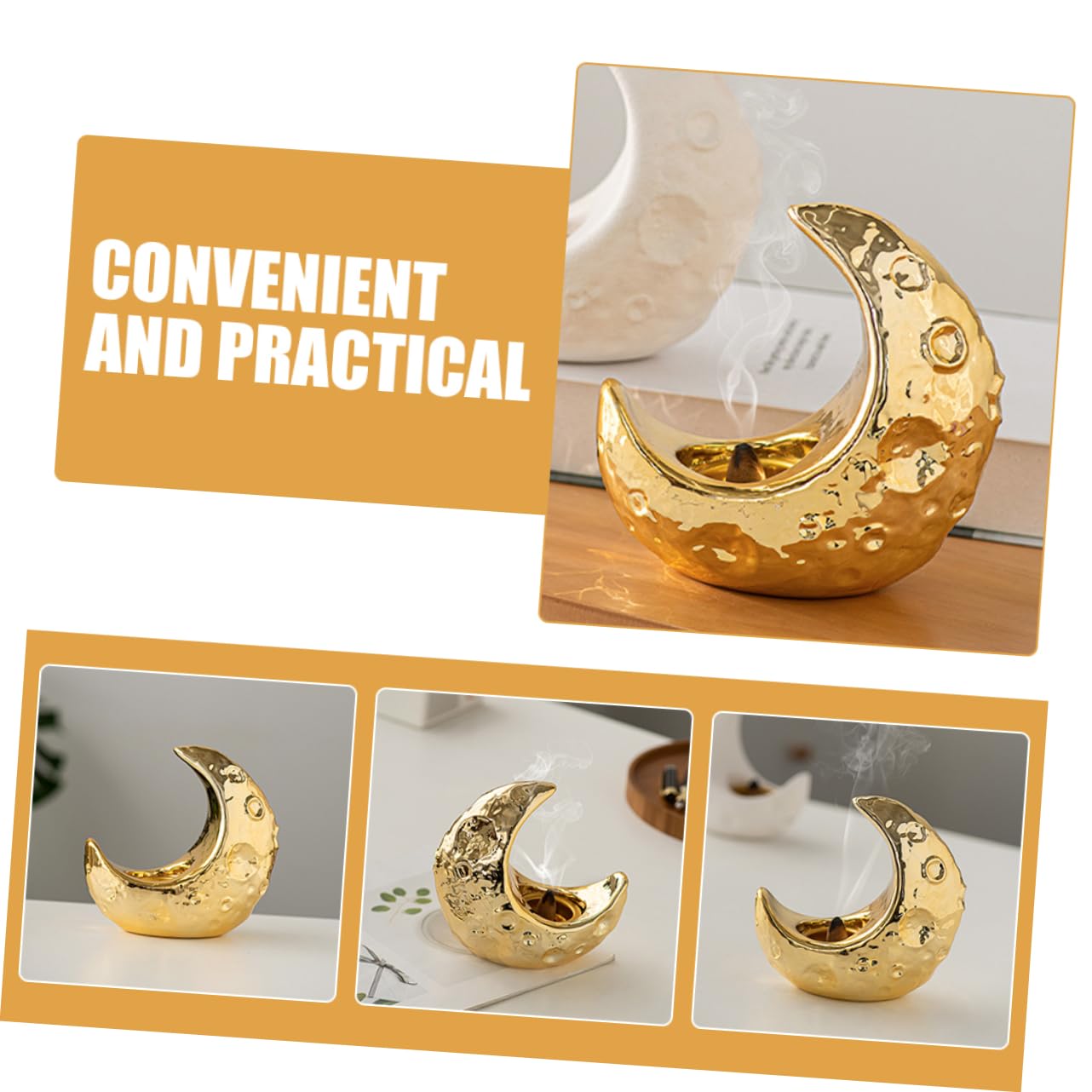 Eleganter Keramischer Mond Räucherstäbchenhalter für Aromatherapie | Goldfarbenes Design, für Zuhause und Saunaraum, Kunstvolle Form, Langlebige Verarbeitung