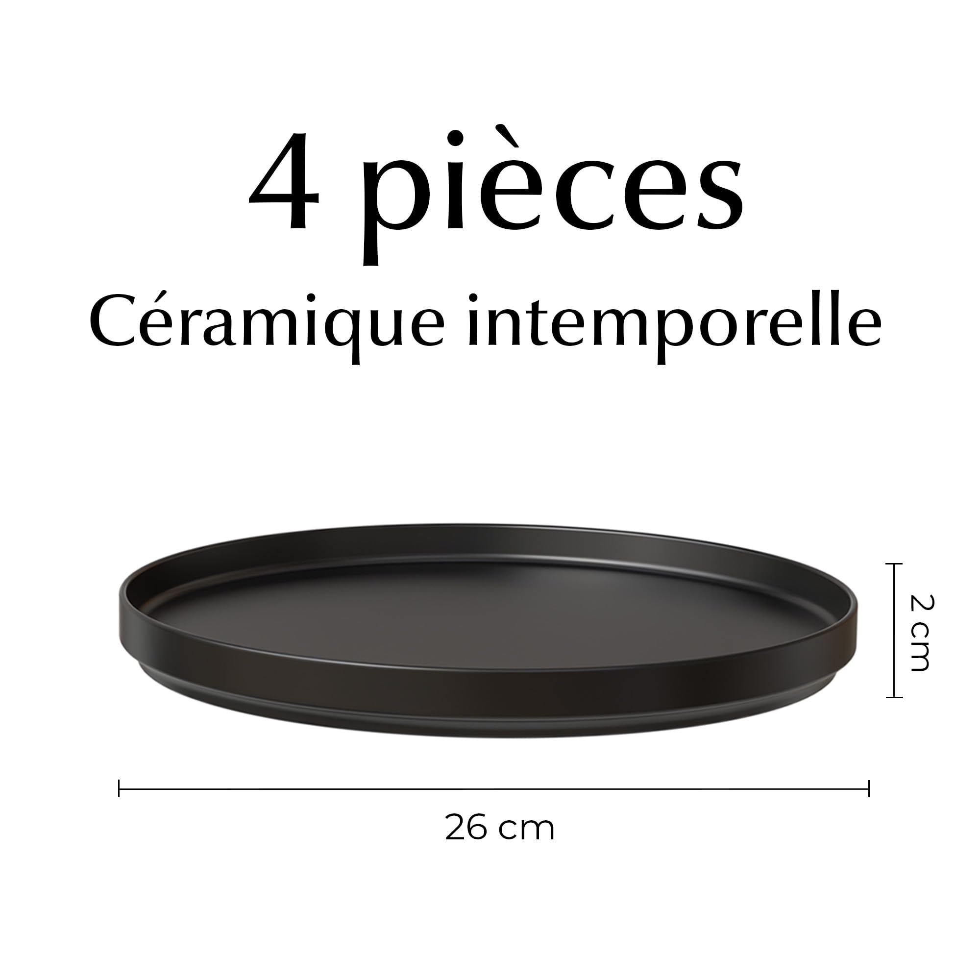 MIAMIO – Ensemble d'assiettes plates en céramique pour 4 personnes/Vaisselle en céramique 4 pièces, assiettes modernes en grès – Collection Luxe (Noir, Grande assiette (4x))
