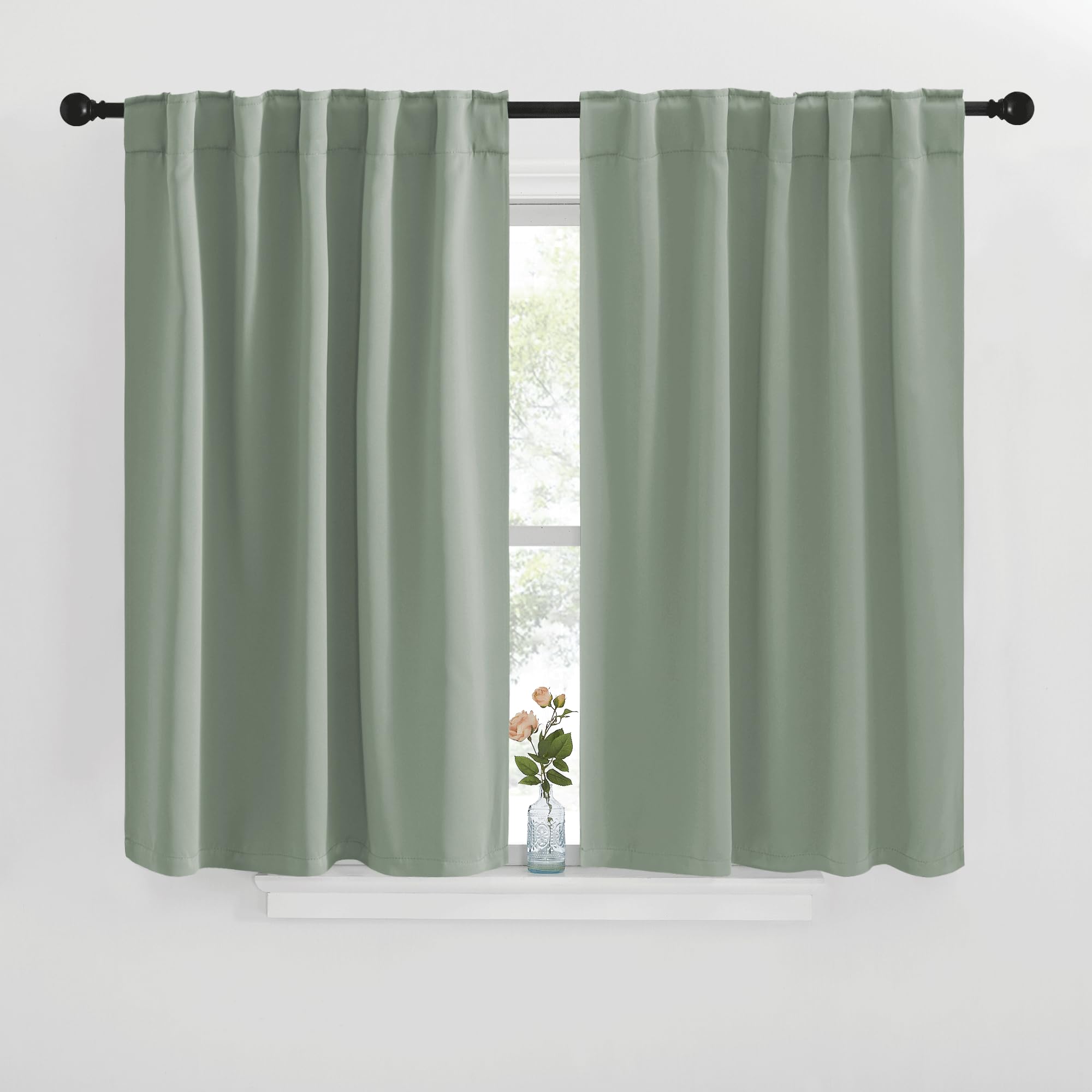 NICETOWM Window Treatment Curtain Panels - (Greyish Green Color) W42 x L40, 2 Pieces, Semi Blackout Window Treatment Drape Panel for Kids Bedroom