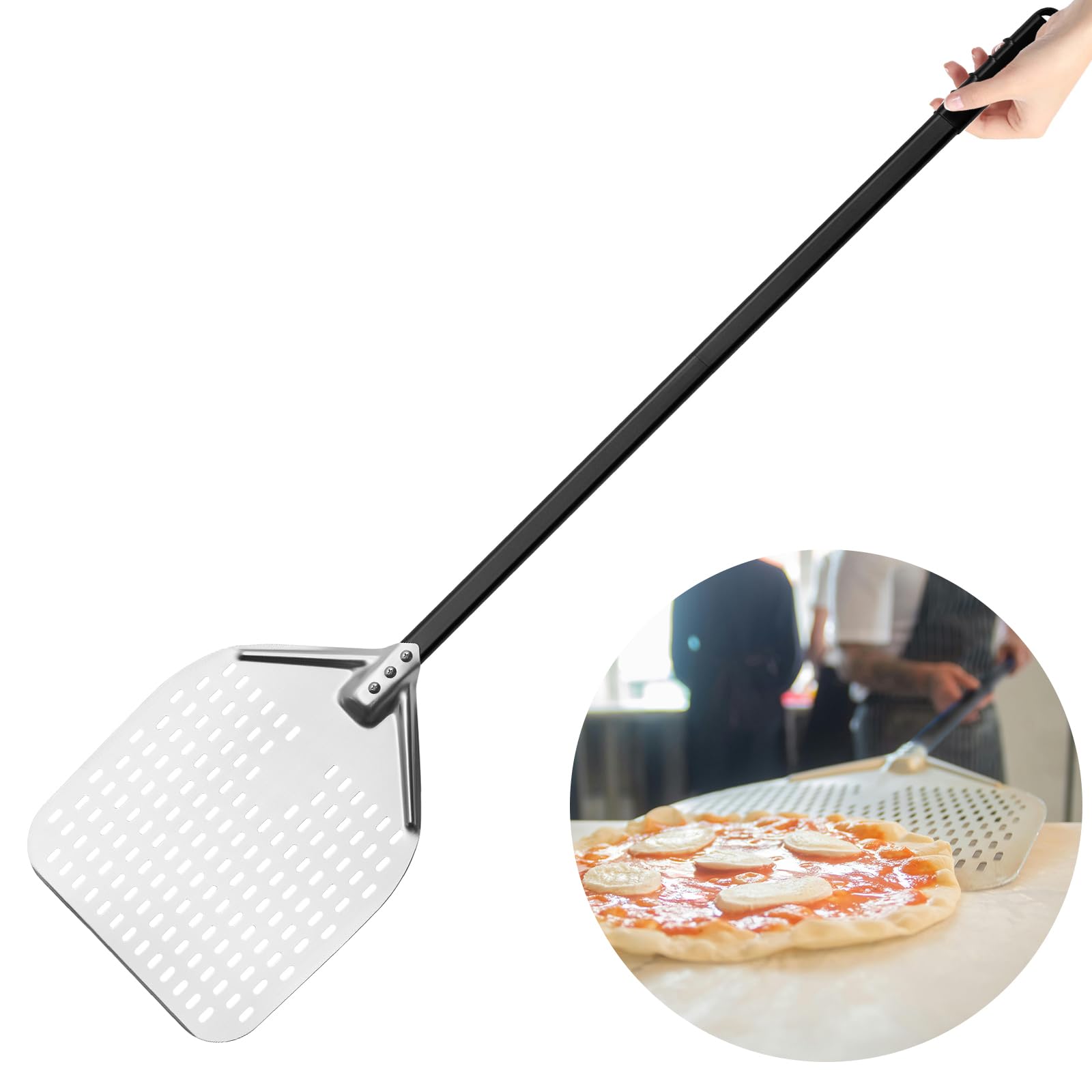 Vivo Technologies Pelle à pizza perforée en aluminium de 30,5 cm avec long manche pour soulever la pizza, pelle à pizza antiadhésive pour boulangerie professionnelle, pizza, pain