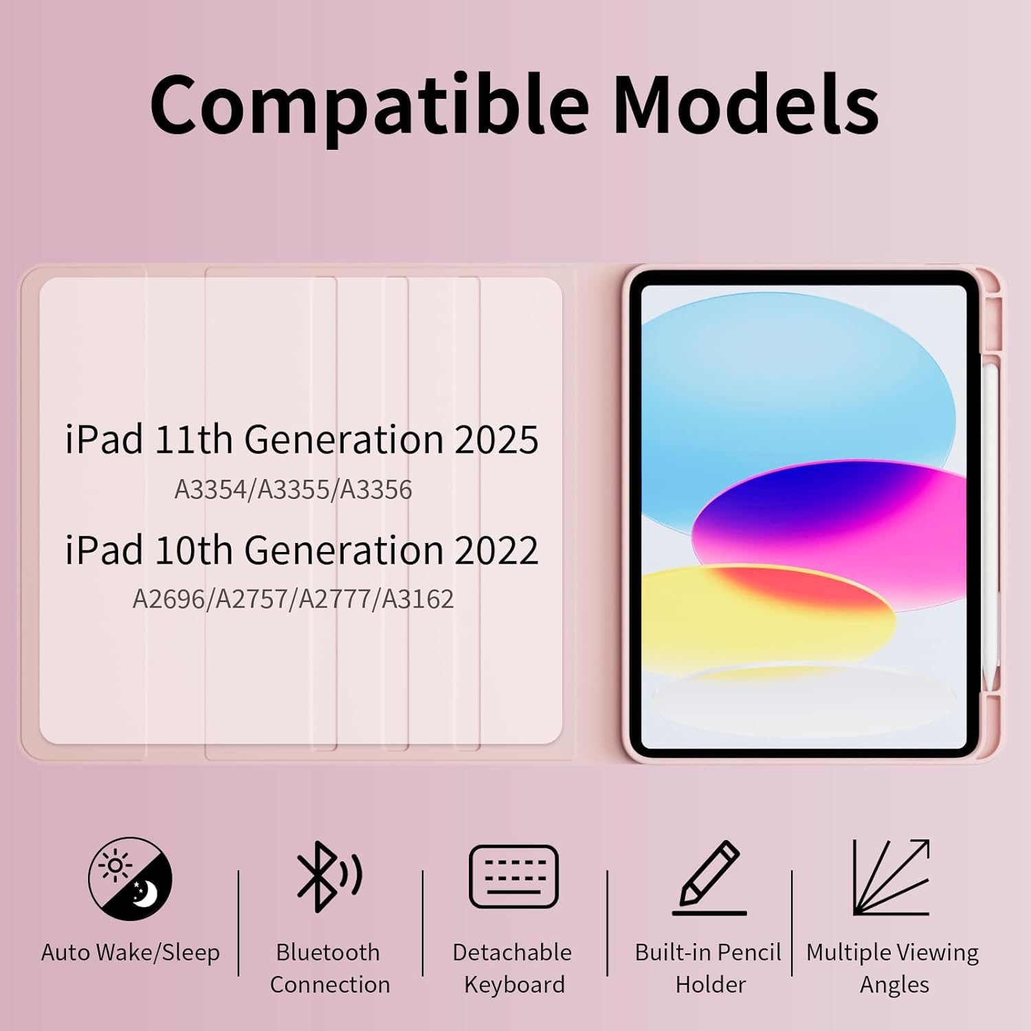 for iPad 10th 11th Generation Case with Keyboard, Folio Cover with Pencil Holder, 7 Colors Backlit Wireless Detachable Keyboard for iPad 11 inch A16 2025 10th Gen 10.9 Inch 2022, Pink