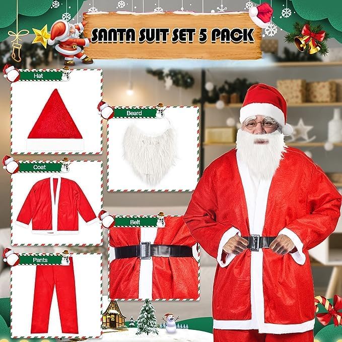 Miniatura 3 de SORANGEUN Disfraz de Papá Noel para hombre, cómodo disfraz de Papá Noel, 5 piezas con sombreros, barba, tops, pantalones, cinturones, traje de Santa