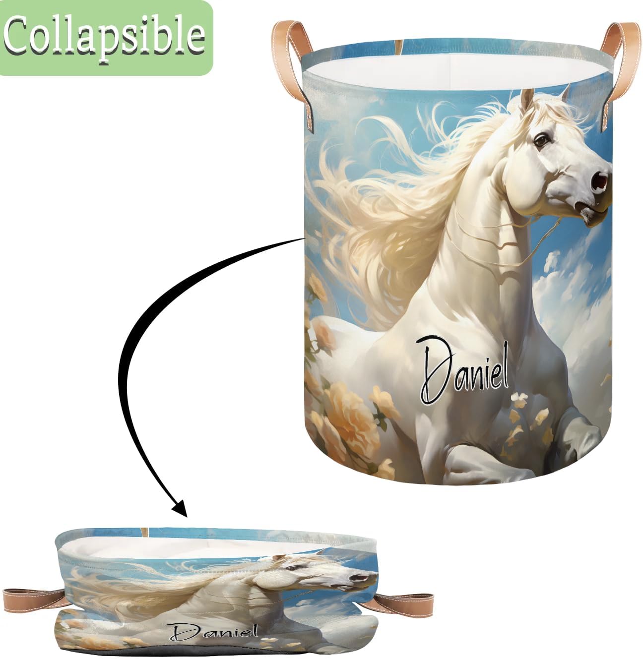 Custom-Laundry-Hamper with-Name Toy Organization Basket Foldable Clothes Storage-Basket for-Boys-Girls-Kids White Horse-Laundry-Basket with-Handle