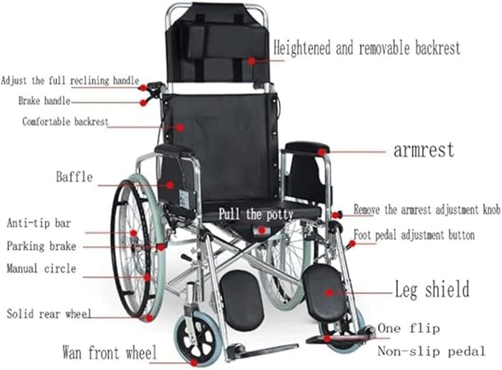 La Silla de Ruedas se Puede reclinar Completamente, Silla de Ruedas portátil con Brazos Plegables + Asiento e Inodoro para sillas de Ruedas para Personas Mayores A