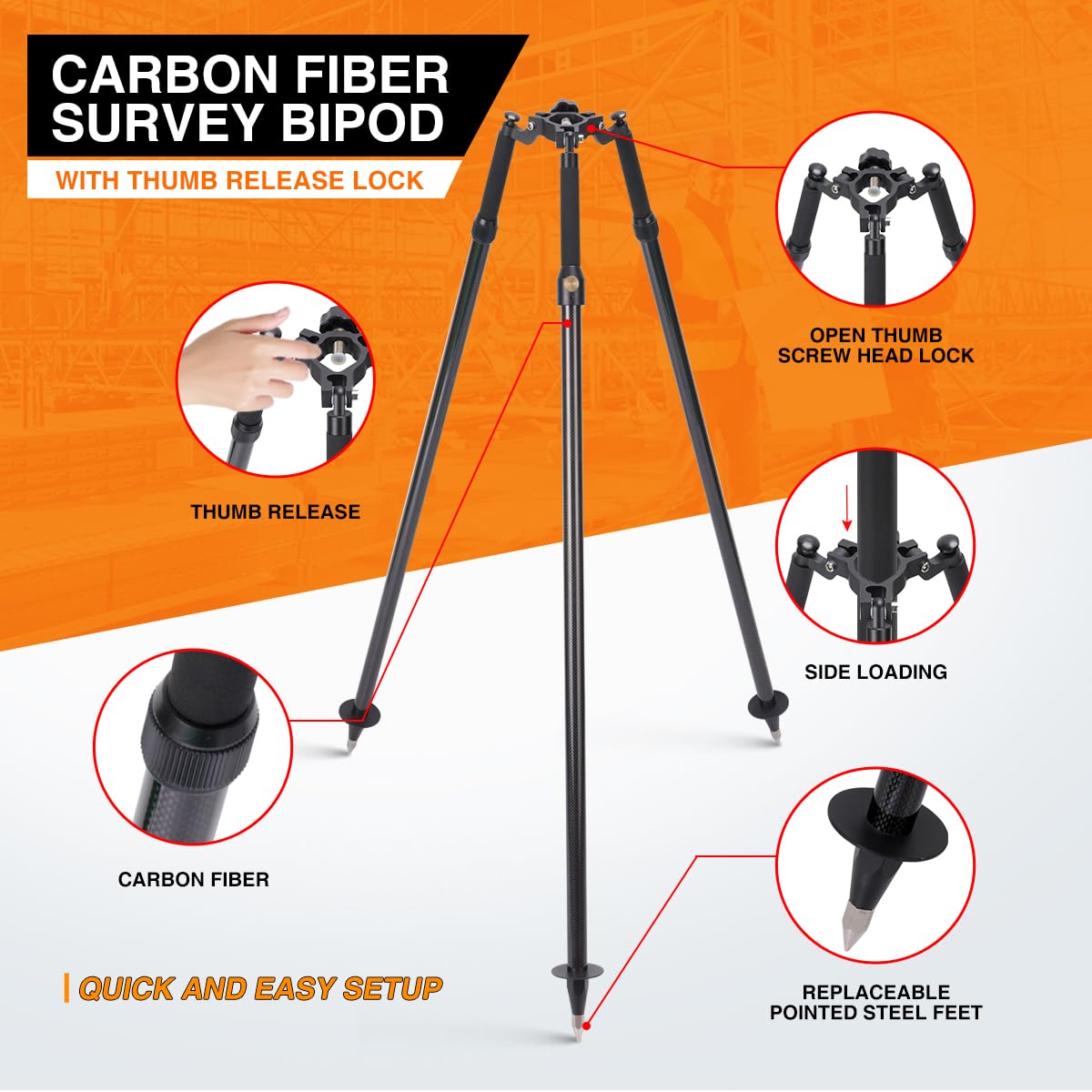 Treppiede professionale in fibra di carbonio con rilascio del pollice, treppiede per aste prisma e sondaggi, compatibile con stazioni totali e apparecchiature di rilevamento