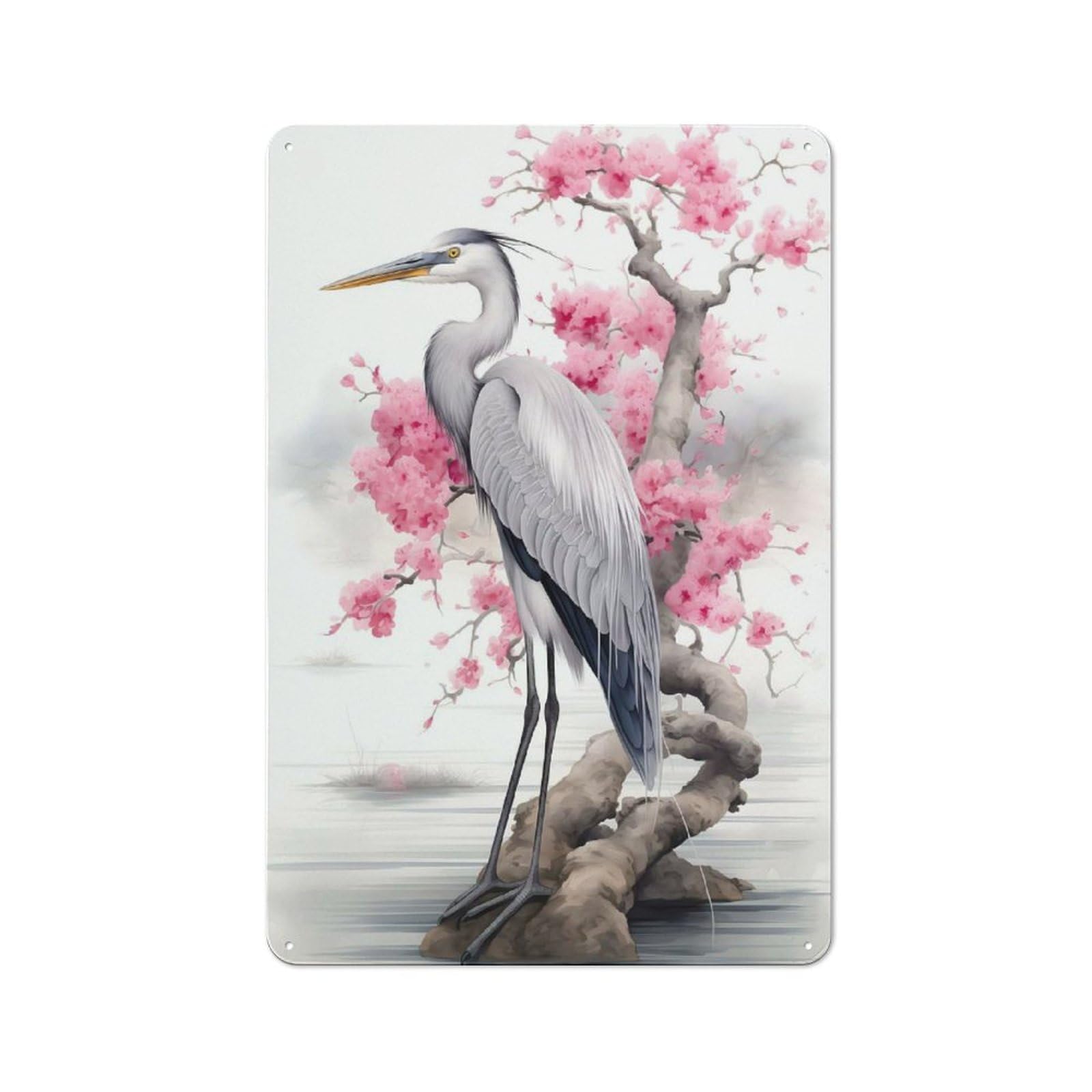 Junmoney Style-3 Rustic Metal Wall Sign 30X20cm Featuring Cherry Blossom Heron For Garage Wall, Tin Sign Wall Decor For Garages And Workshops