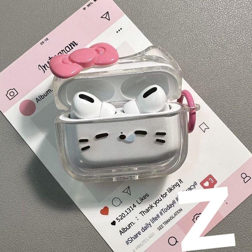 Image of Transparent Clear Earphone Case for AirPods Pro, Cute Lovely Cat Face Soft TPU Silicone Case, Kitty AirPods Pro 2 Cover Protective Skin Shockproof Protector for iPod Earbuds -Sleeping Bowknot Cat