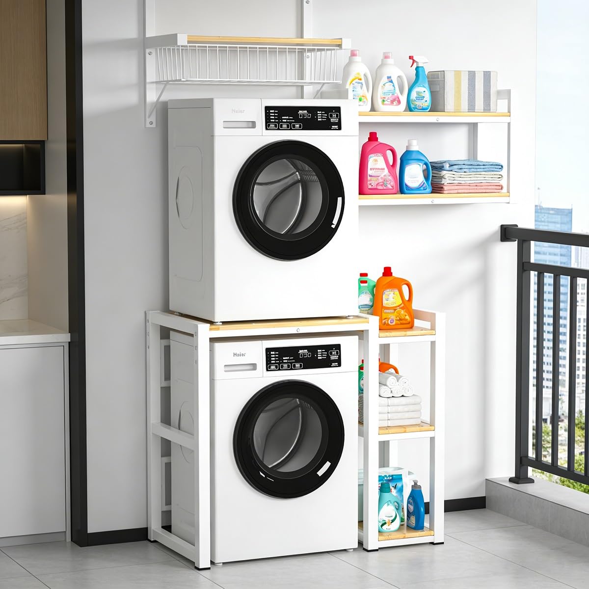 Waschmaschinenregal Trockner mit Seitenablagen, Höhenverstellbares Regal für Waschmaschine und Trockner, Schwerlast Waschmaschine Trockner Regal aus 4CM Stahl für Waschküche(White)
