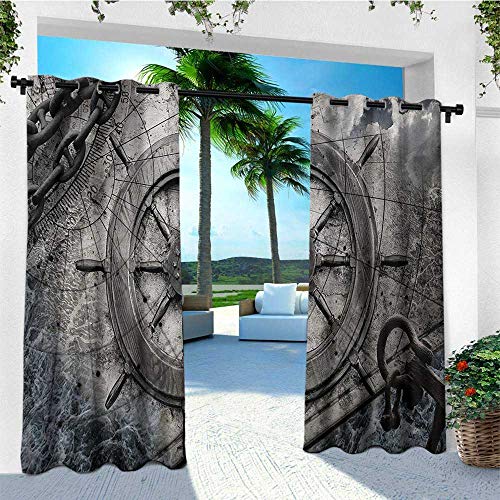 leinuoyi Ships Wheel, Outdoor Patio Curtains, Retro Navigation Equipment Illustration with Steering Wheel Charts Anchor Chains, for Patio Waterproof W84 x L108 Inch Charcoal