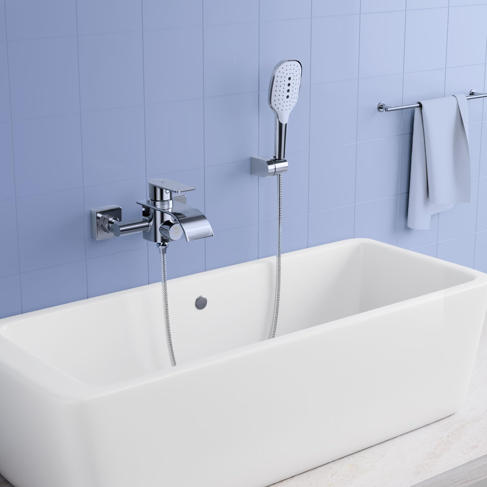 KULACO Robinetterie de baignoire avec douchette, Robinet de baignoire cascade, Mitigeur de douche en laiton avec 3 fonctions, Robinetterie de baignoire avec interrupteur à pression - Chrome