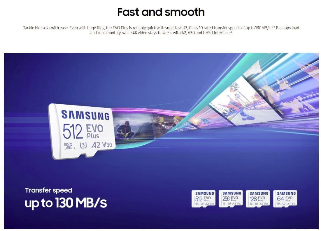 Samsung Tarjeta de Memoria EVO Plus 256GB microSD SDXC U3 Clase 10 A2 130MB/S con Adaptador versión 2021(MB-MC256KA/EU)