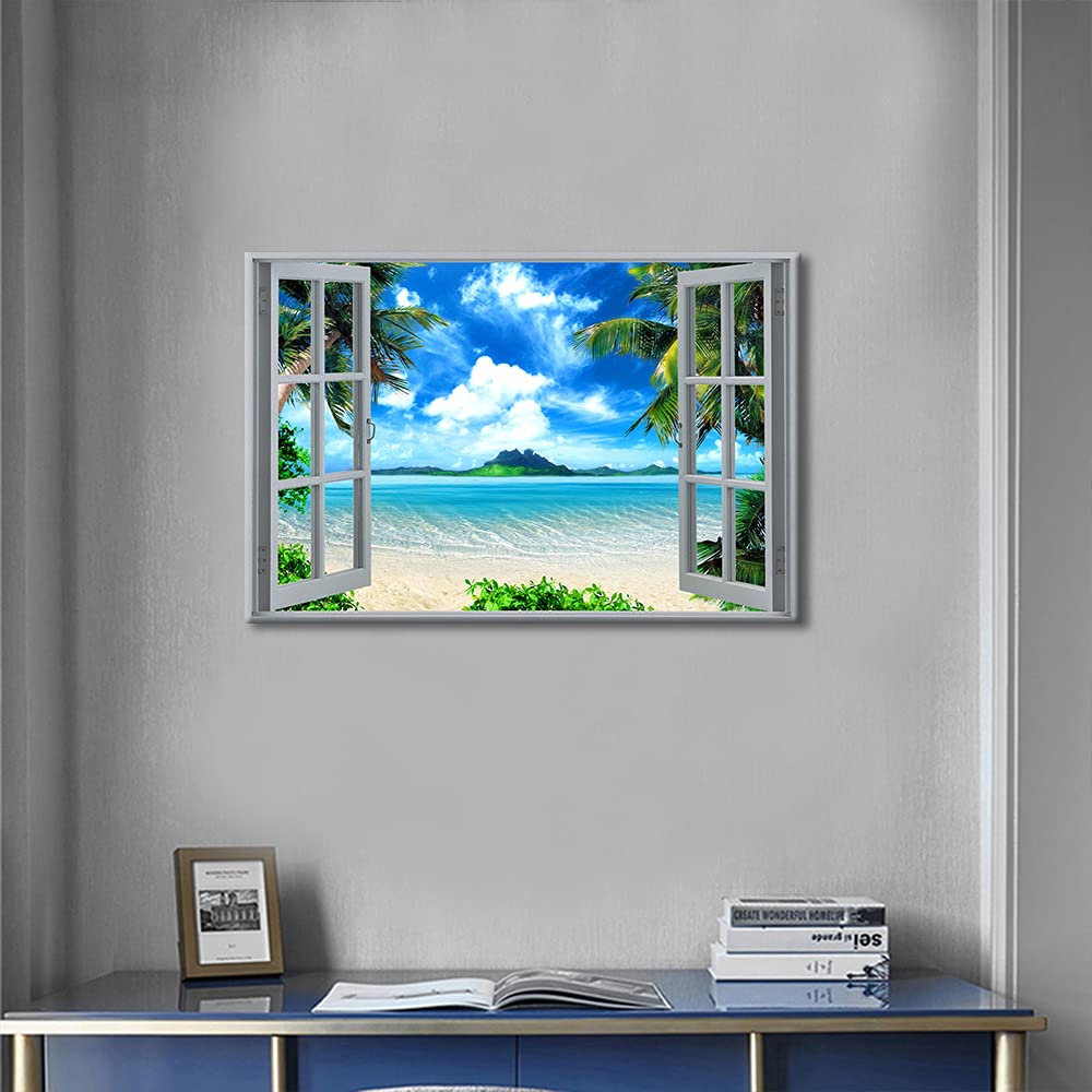 TISHIRON 3D Window Beach View Effect Wall Decorations For Home Modern Decor Painting Pictures Print On Canvas Wall Art Wooden Frame Ready To Hang(18X12in) - Image 4