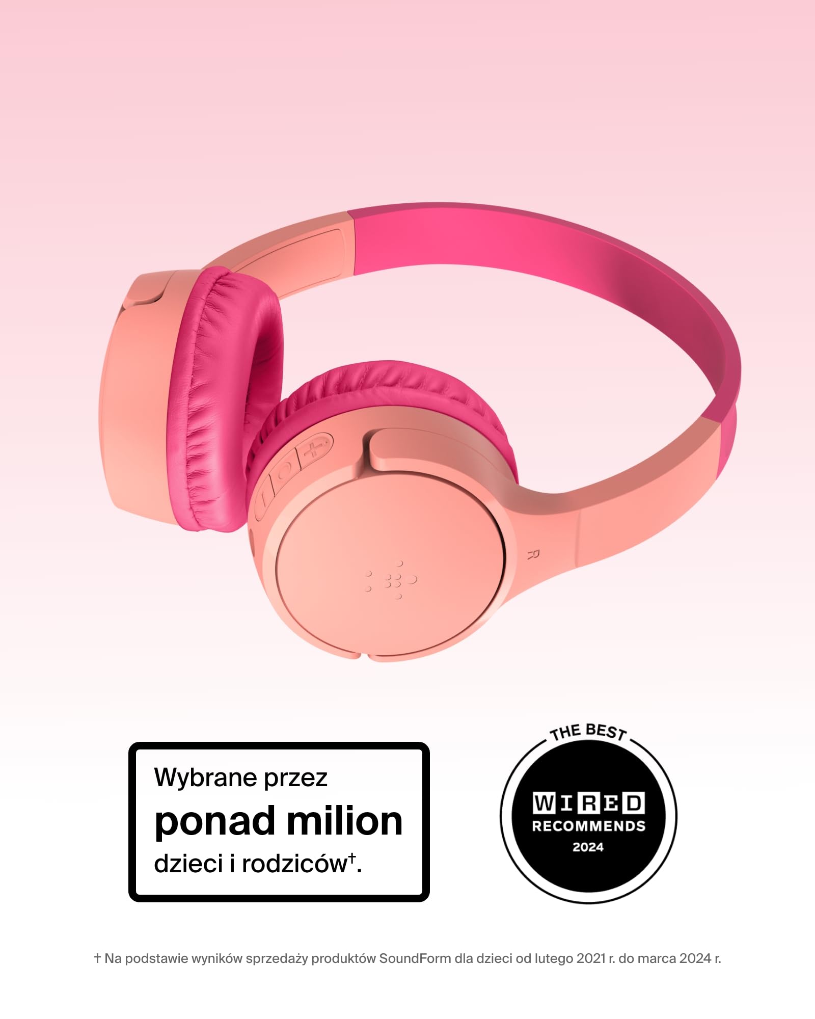 Bezprzewodowe słuchawki dla dzieci Belkin SoundForm Mini, wbudowany mikrofon, 30 h odtwarzania, z naklejkami – nauszne słuchawki do nauki zdalnej, szkoły, podróży, iPhone'a, iPada, Galaxy – różowe