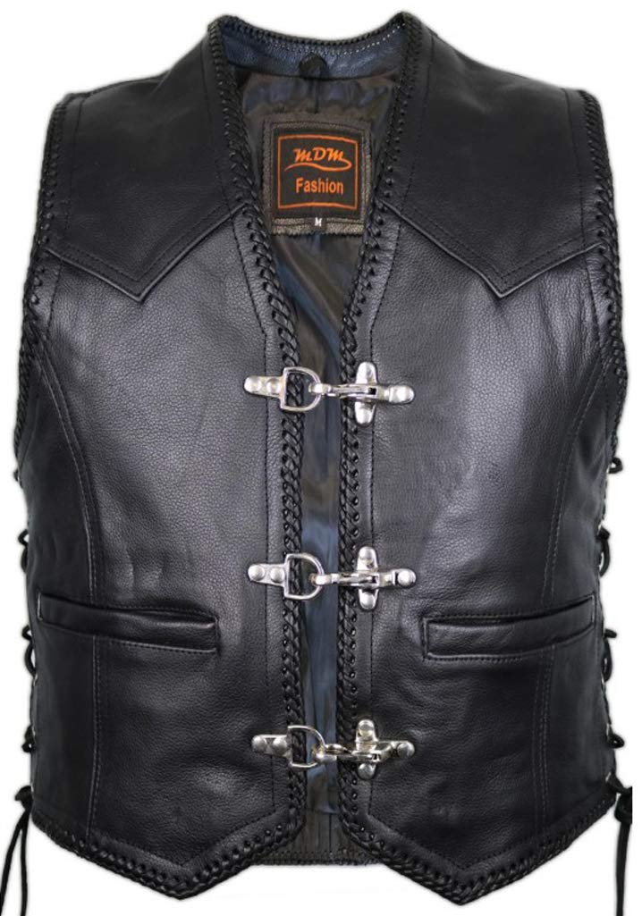 Gilet En Cuir Pour Homme MDM – Cuir De Vachette 1,1-1,2 Mm, Partie Inférieure Perforée, Coutures Oranges | Style Motard, Extensible Sur Les Côtés, Poches Pratiques