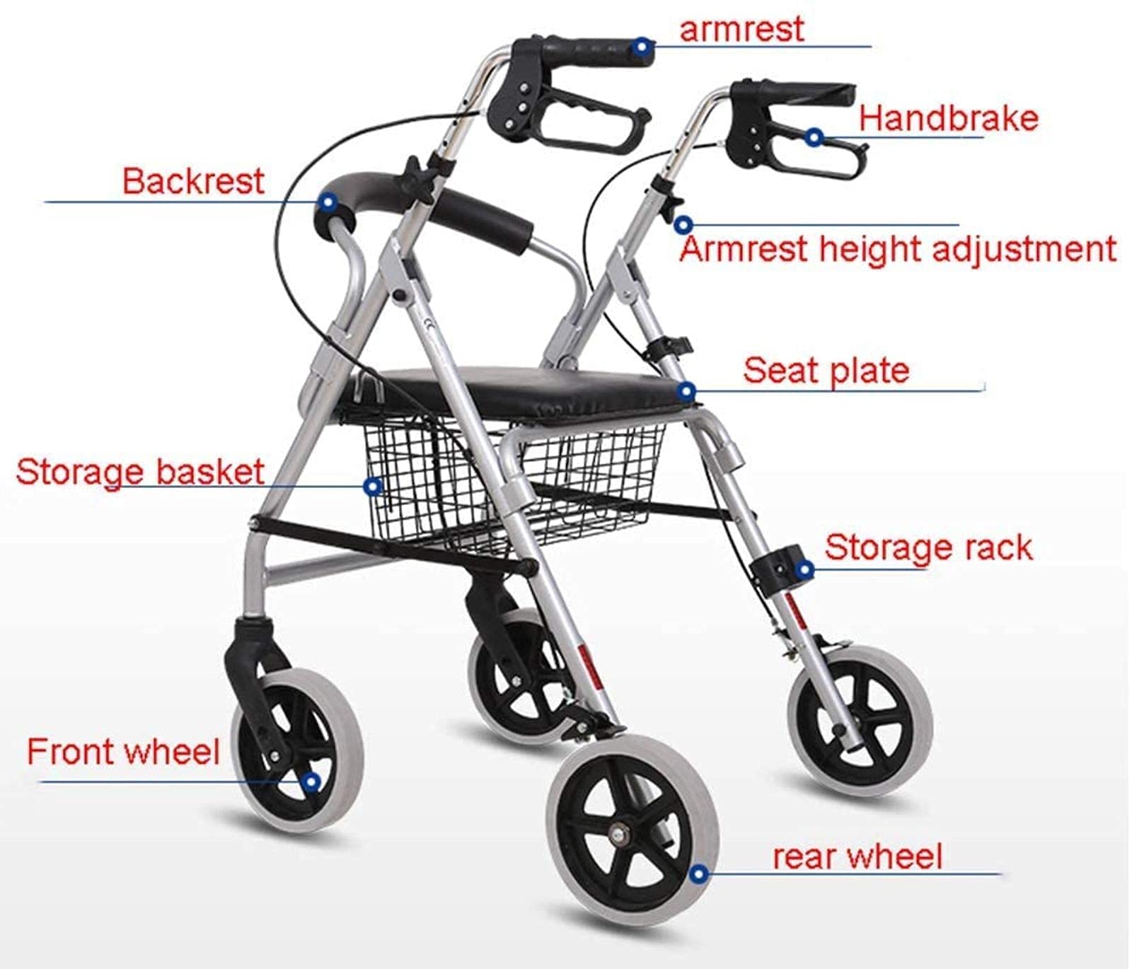 Rollator Walker Walker z siedziskiem i kołami, składany pionowy Rollator dla starszych mężczyzn, uwolniony, regulowana wysokość podłokietnika, wsparcie 500 funtów