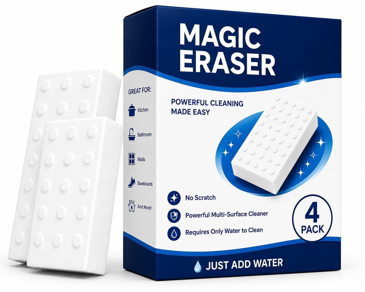magic eraser cleaning sponge - multi-surface melamine foam stain remover for walls, kitchen, bathroom, tiles & shoes - chemical-free, just add water (pack of 4)