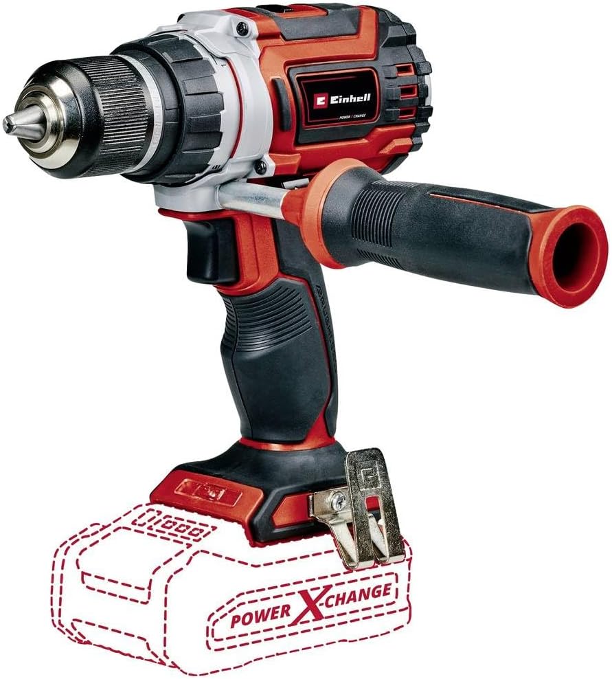 Einhell TP-CD 18/60 Li BL Cordless Drill Driver with auxiliary handle and battery outline