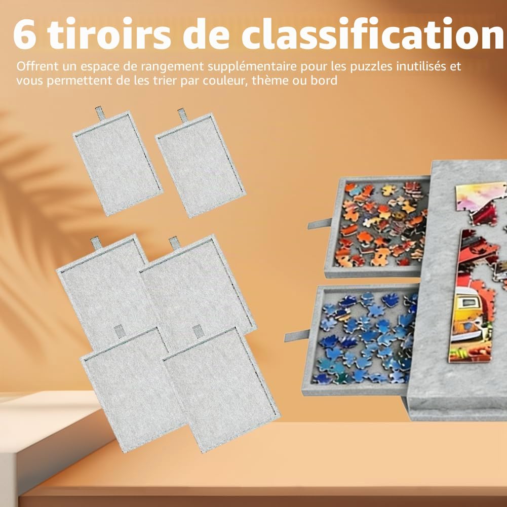 Planche à puzzle inclinable avec support 2-en-1 et couvercle, Plateau à puzzle en feutre léger avec 6 tiroirs pour adultes, Table à puzzle en feutre portable pour jusqu'à 1000 pièces, Plateau à puzzle