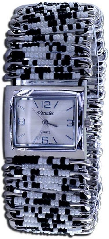 Womens Black White Beads Fancy Safety Pin Stretchable Elastic Square Dial Bracelet Watch