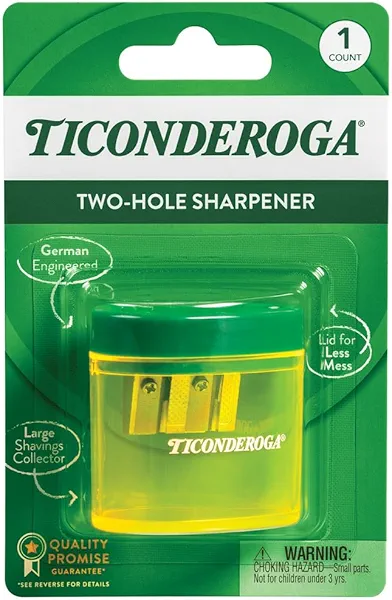 Ticonderoga Two-Hole Pencil Sharpener, Yellow and Green, 1 Count