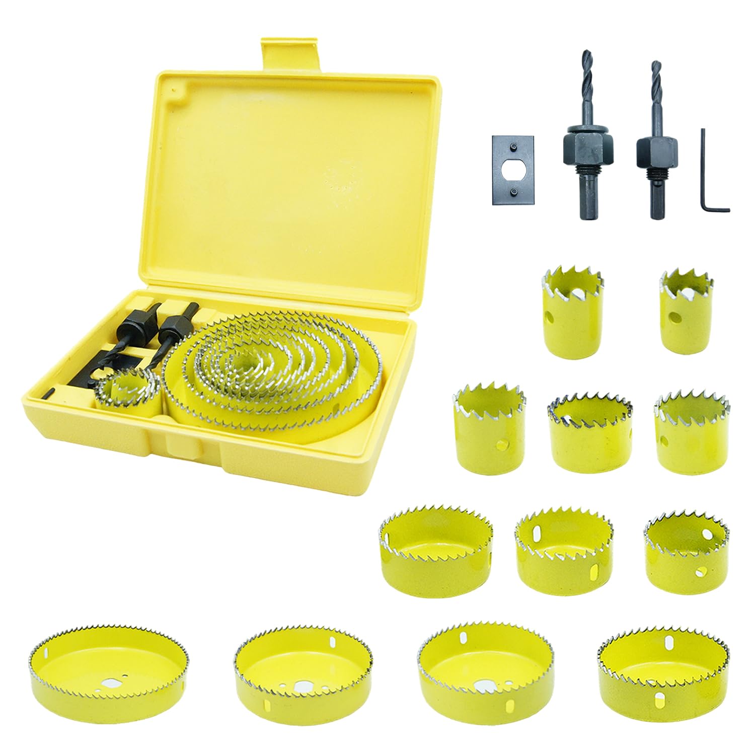 Hole Saw Set LAIWEI 16PCS, 2 Mandrels, 1 Drill Bits, 1 Installation Plate, 1 Hex Key, Max Size 5" and Min Size 3/4", Ideal for Soft Wood, Plywood, Drywall, PVC