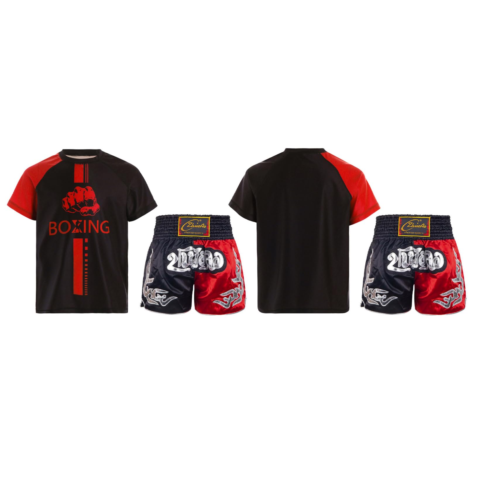 Oyolan Enfant Garçon Short de Boxe et T-Shirt Ensemble de Boxe Combat Muay Thai MMA Kick Boxing Tenue