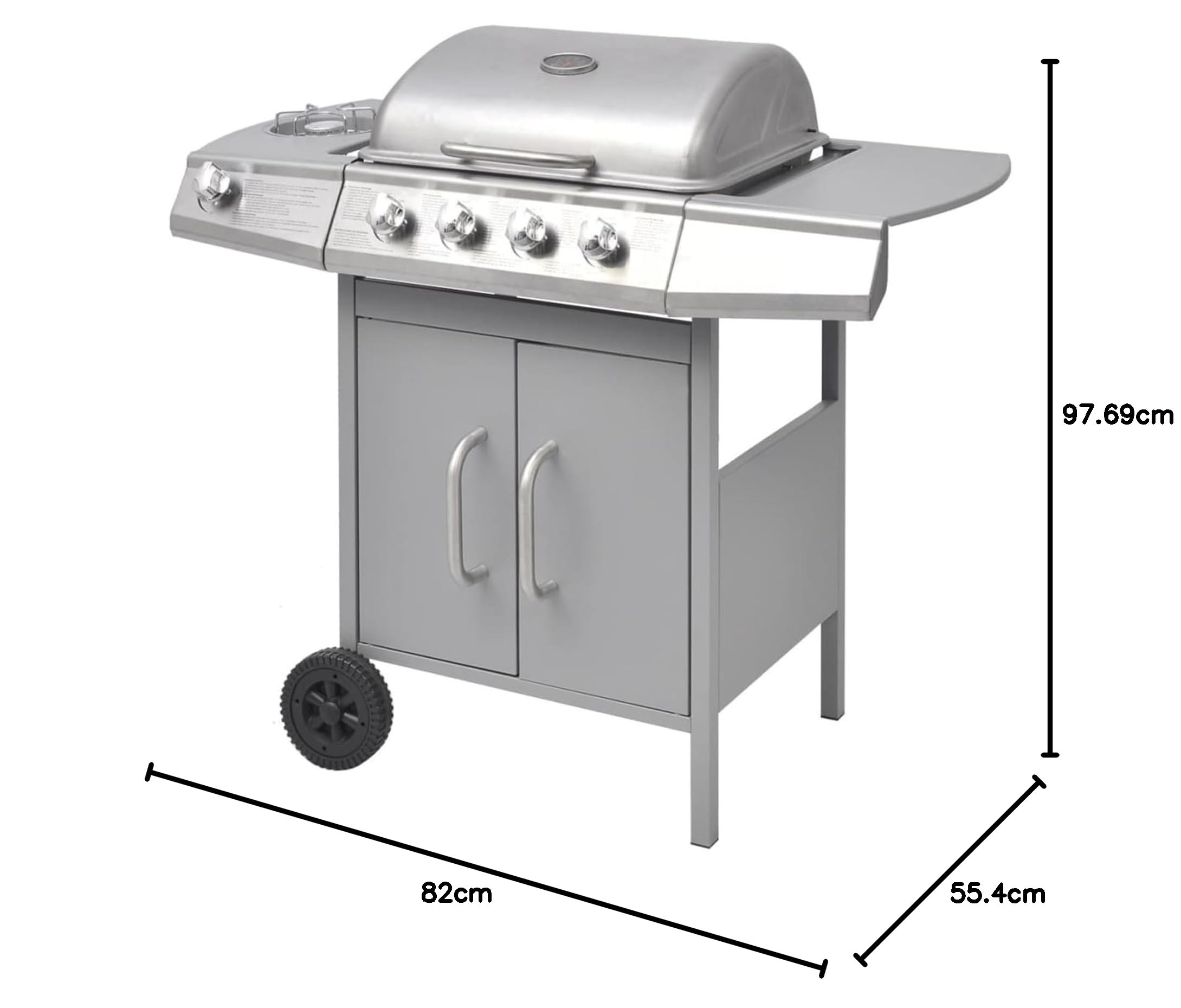 IKAYAA Barbecue e Griglia a Gas 4+1Barbecue a Gas con 4 Fuochi Multifunzione Completo di Bruciatore Laterale Coperchio, Termometro, Griglia in Ghisa, Ruote E Struttura-Argento-Tipo 1