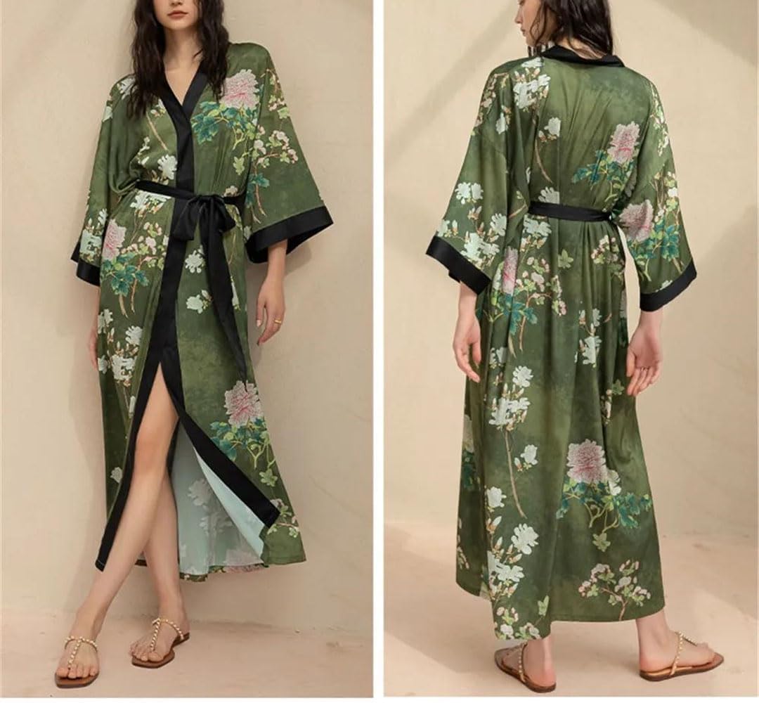 Women's Floral Satin Sleepwear Long Kimono Style Nightgown Silky Home Lounge Dress Robe