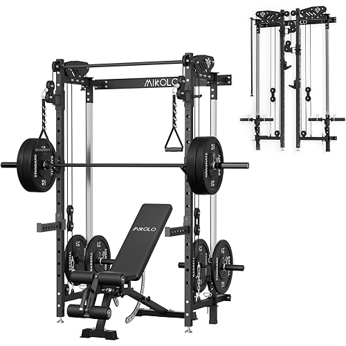 Mikolo Folding Squat Rack, Wall Mounted Power Rack with Cable Crossover Machine & LAT Pull Down, Functional Trainer with 5 Adjustable Function Modes, for Home Gym and Space Saving