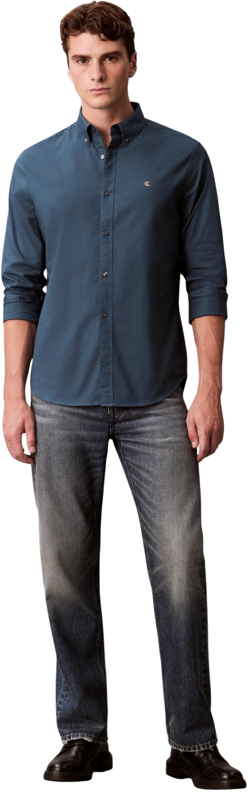 Calvin Klein Męska klasyczna koszula LS Solid Oxford LV140EM125 Inne koszule, niebieski (granatowy), XL, Niebieski (granatowy morski), XL