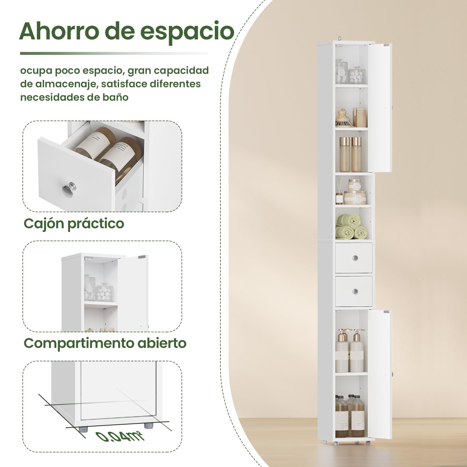 EUGAD Mueble Baño Estrecho, Armario Alto, con Estantes Regulables en Altura, 20x20x180 cm, Columna Baño Auxiliar 2 Cajones y 2 Estantes Abietos, Blanco 0257WY