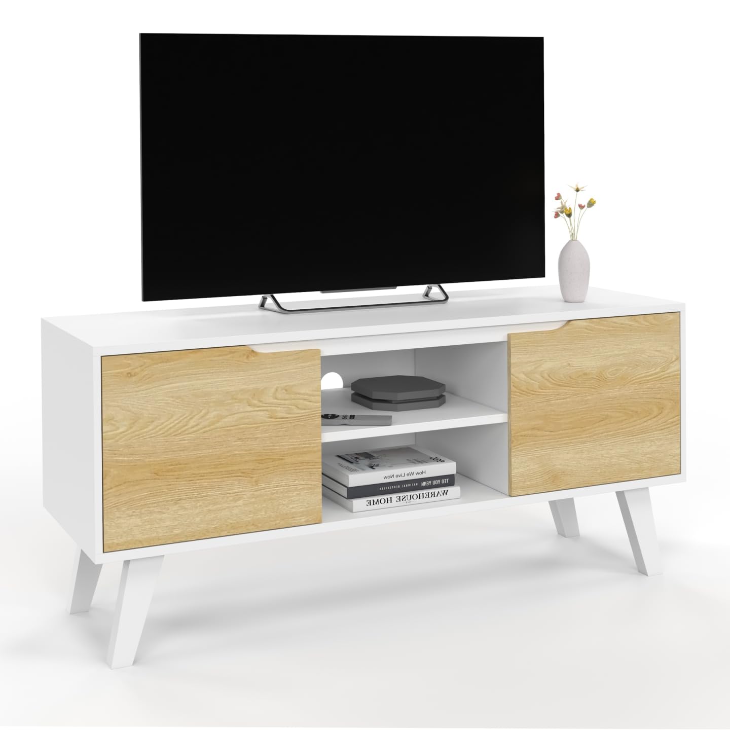 IDMarket - Meuble TV 110 cm FINN Blanc 2 Portes façon hêtre