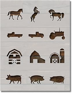 Farm Animals Barns Tractors Stencil Template Reusable for Painting on Walls, Wood, Arts and Crafts (875) - 8.5 x 11 Inches
