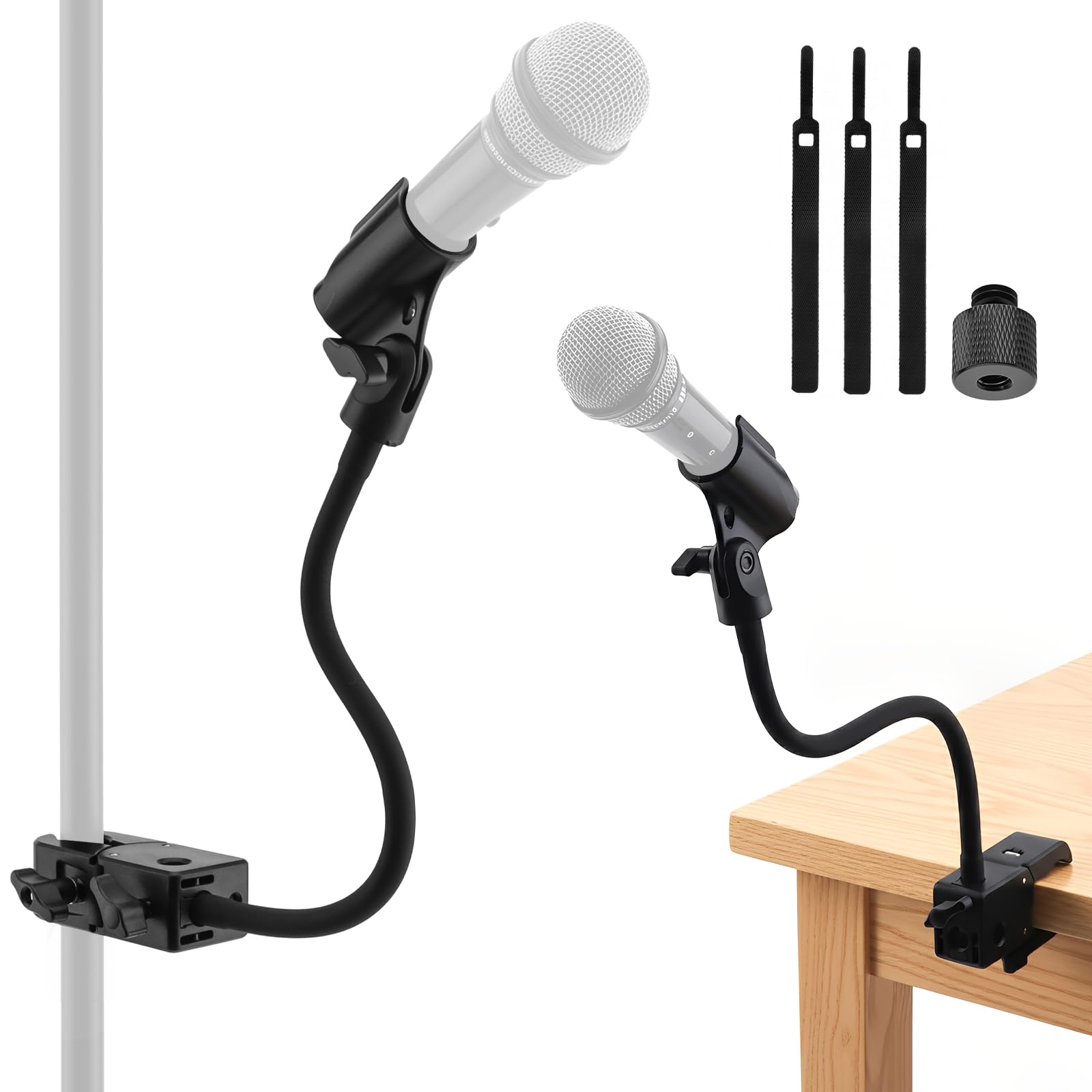 Soporte de micrófono de escritorio de 13 pulgadas, soporte de micrófono de cuello de cisne apto para Shure / AT2020 con 2 adaptadores y bridas para cables, brazo de micrófono flexible
